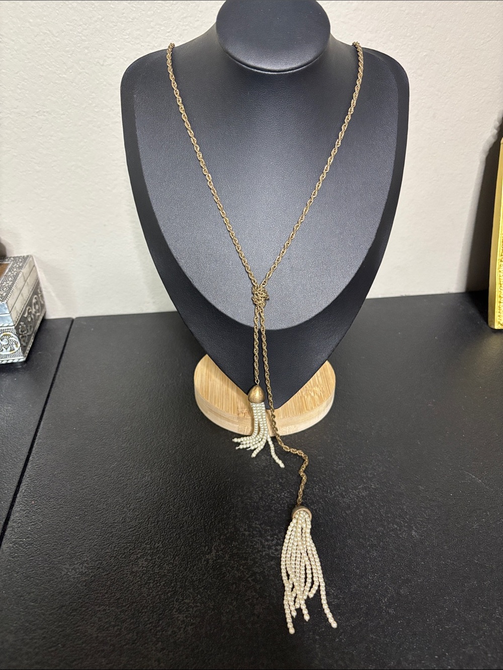 LOFT Gold-Tone Lariat Necklace with Cream Beaded Tassels Boho